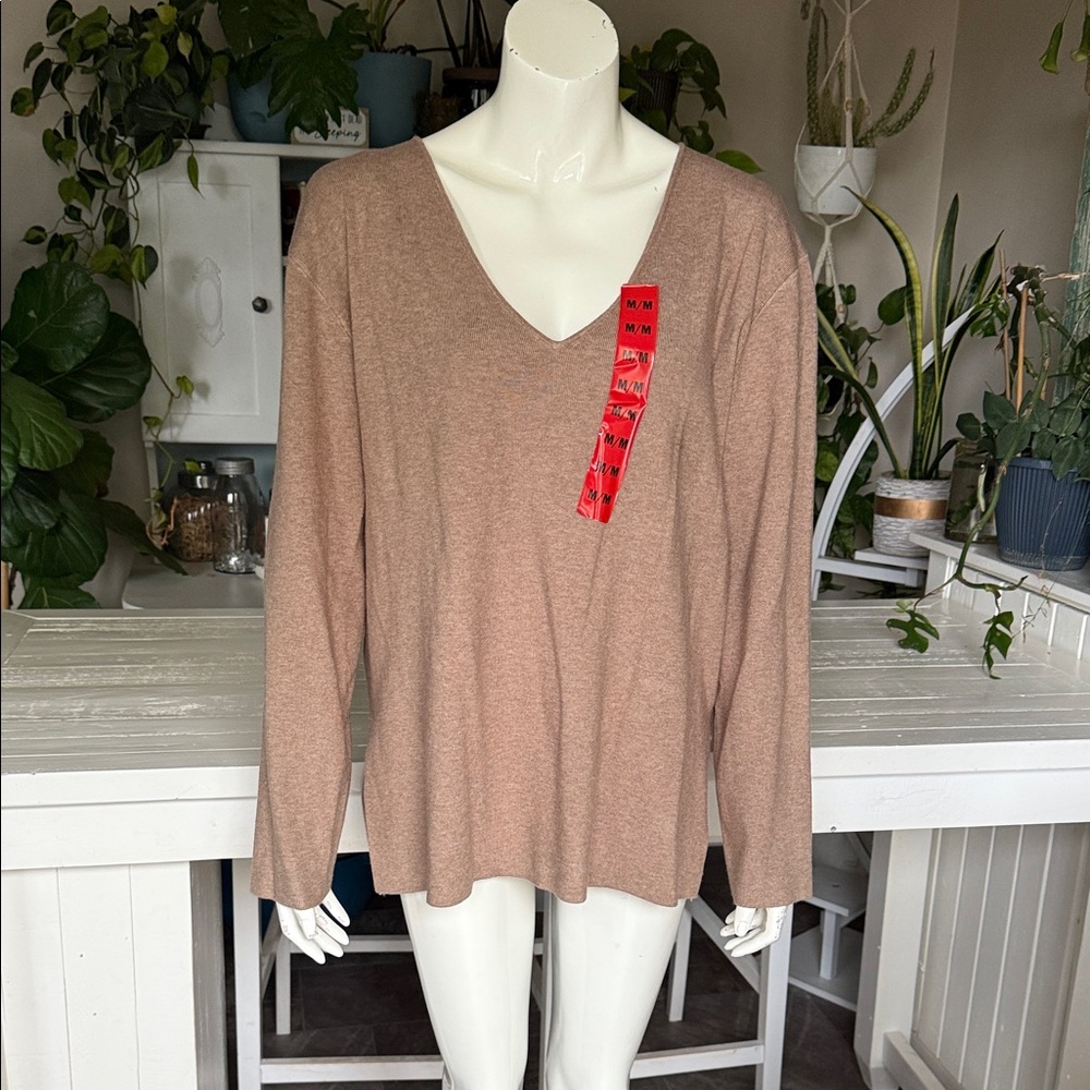 Splendid V-Neck Long Sleeve Sweater Blouse - Tan NWT Viscose